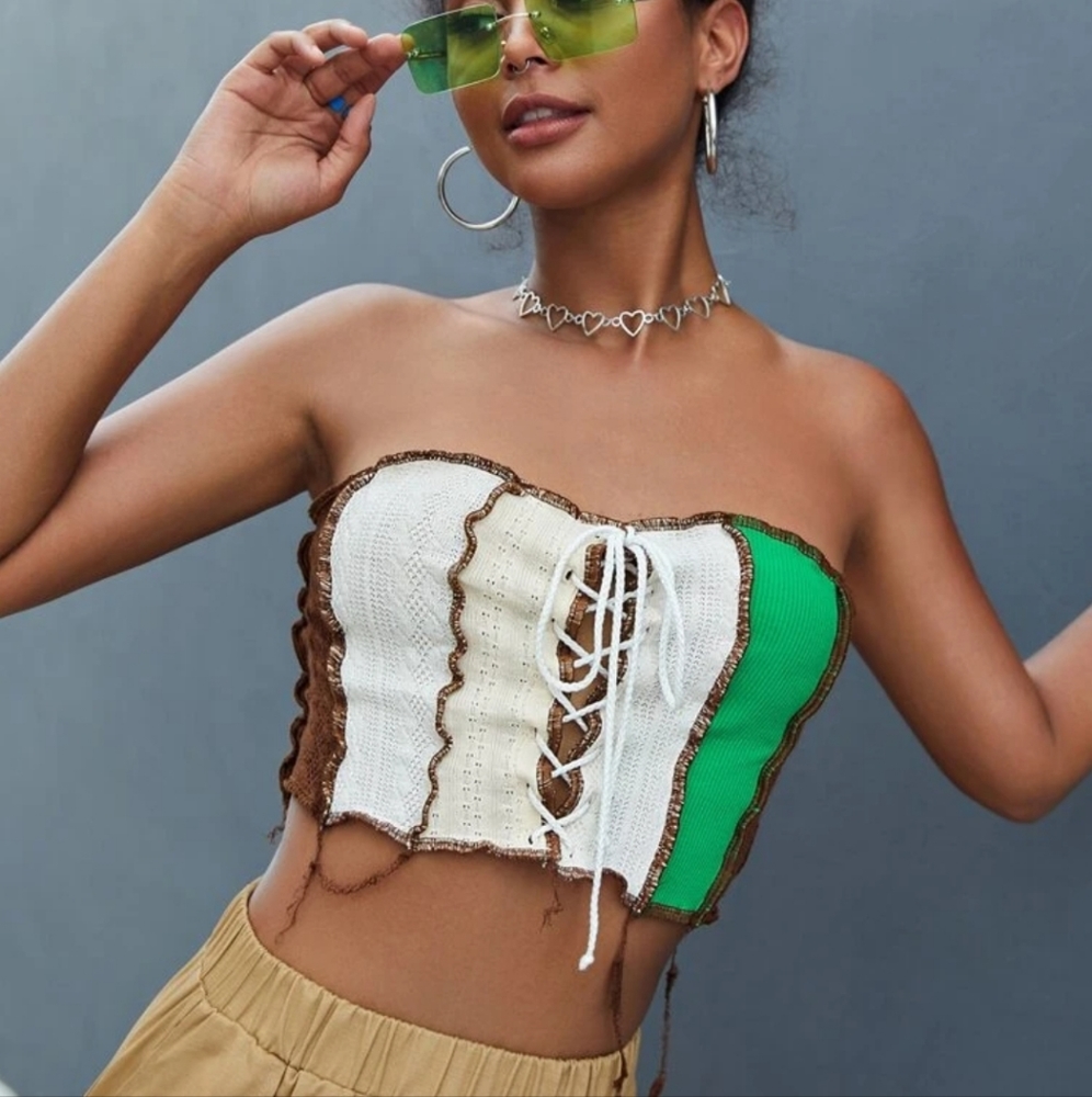 Color Block Top-Stitching Lace Up Front Crop Tube Top NWT L